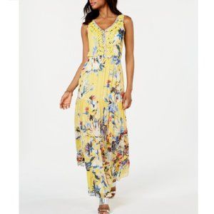 MSK Yellow Blue Floral Lined Maxi Dress NWT